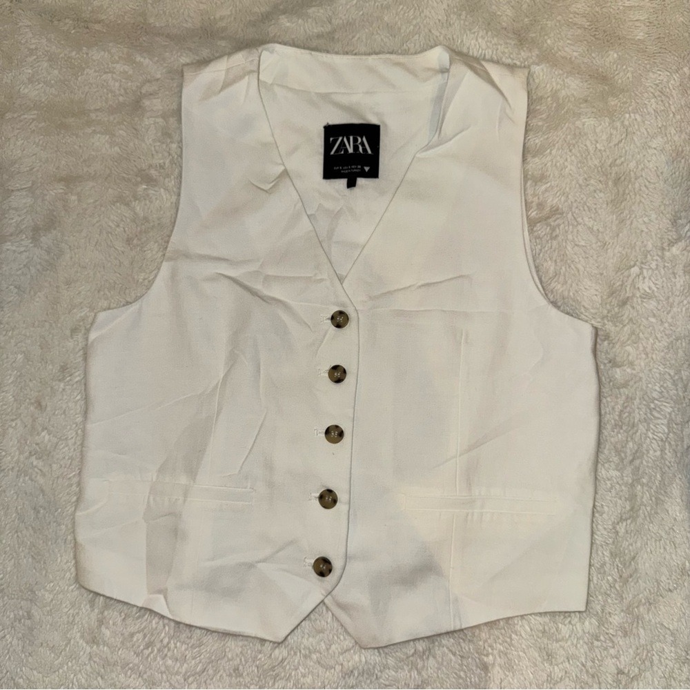 Zara Linen White Button-Up Vest with adjustable tie in back
